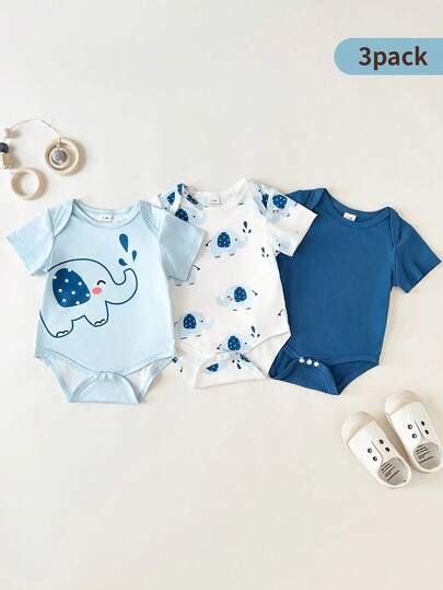 SHEIN 3 piezas de bodis para bebés niños, diseños de camuflaje, estampado de letras y mameluco de manga corta con cuello de sobre en verde, diseño minimalista suave y cómodo para usar en casa, al aire libre, deportes, primavera/verano