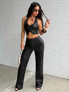 Jeanoix Y2K Women Coated Eyelet Lace-Up Front Straight Leg Loose Pants - Black - View 5