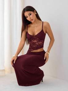 SHEIN PETITE Đầm maxi gợi cảm xuyên thấu, khoét eo, phối ren tương phản, thích hợp cho kỳ nghỉ hè trên bãi biển, hẹn hò hàng ngày, đi chơi đêm, hộp đêm, tiệc tùng, tiệc cocktail, tiệc bể bơi, và mùa tựu trường. - Màu đỏ tím - Xem 8