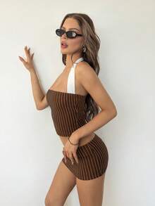 SHEIN ICON Black & White Striped Casual Halter Neck Crop Top And Mini Low Waist Skirt 2 Pieces Set - Brown - View 3
