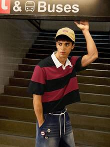 SWAVVY Men's Knitted Casual Daily Loose Short Sleeve Button-Up POLO Shirt - Red - View 5