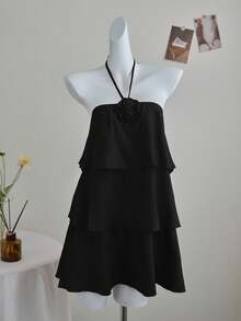 Elamini 白色3D立体花卉露背连衣裙（女款） - 黑色 - 查看 3