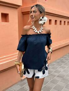 Selianne Women's Off Shoulder Blouse And Printed Shorts 2-Piece Set, Casual Holiday Outfit - Blue and White - View 7