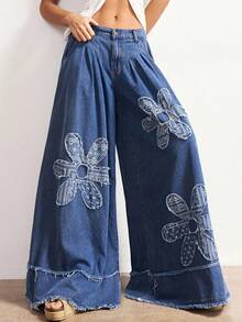 Bohemela 波西米亚风秋冬/春复古女式休闲宽松阔腿编织花卉拼接裤，西部乡村风格，适合音乐会派对、海滩度假、日常穿着、返校、外出、派对、新年等场合。 - 藍色 - 查看 6