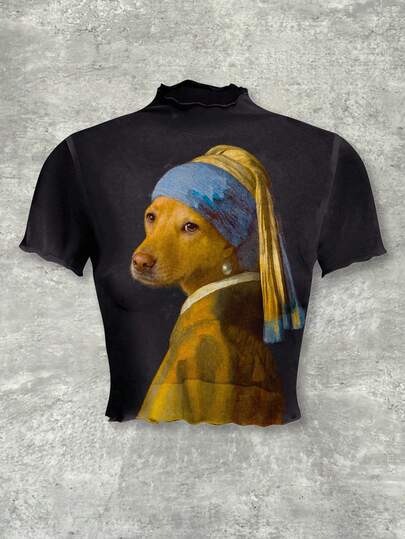 Y2Kool Maria Clara Maia Artist Vacation Casual Short-Sleeved Slim Fit Mesh Printed Women Top, For Summer, Holiday, Going Out, Festival, Ibiza Fits, Western Wear Autumn Party Top Stylish Clothing Collection New Year Outfits Gyaru Graphic Tee