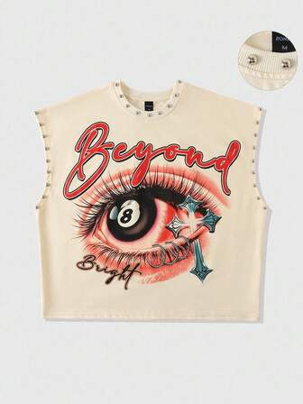 Street Life Men's Letter & Eye Print Rivet Decor Loose Fit Tank Top
