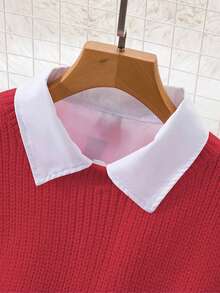 INAWLY Spring 2 Pieces Set: Loose Lantern Sleeve White Blouse & Flared Split Hem Sweater Vest - Red - View 4