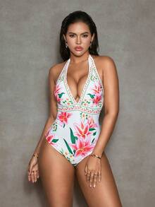 Shapewave 女士连体泳衣，百合花图案，性感露背系带，收腹塑形，夏季海滩度假 - 彩色 - 查看 4