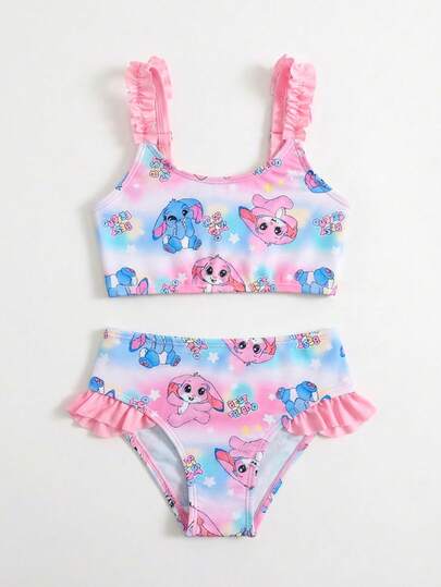 Girls (Small) Swimsuit Set, Colorful Rabbit Print Pattern With Flounce Shoulder Straps And Bottoms With Ruffle, Suitable For Vacation, Fashionable For Summer Girls Swim Set Stich Bathing Suit Girl Swimsuits Kids 2 Piece Stich Swimsuits For Girls Lilo And Stitch Kid Bathing Suit Swimsuits With Ruffles Girls Swim Two Piece Bikini Set For Kids Stitch Swimsuits For Girls Stitch Bathing Suits Kids 2 Piece Pink Swimsuit For A 7 Year Old Girl Girls Two Piece Swimsuit Girl Swimsuit Set Cute Swimsuit