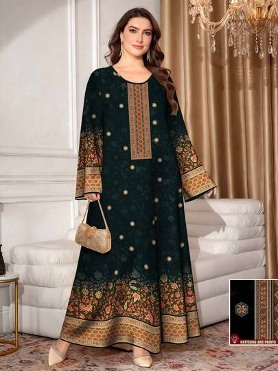 SHEIN Najma 大码女式复古花卉植物印花长袖休闲阿拉伯风格套装，春秋季