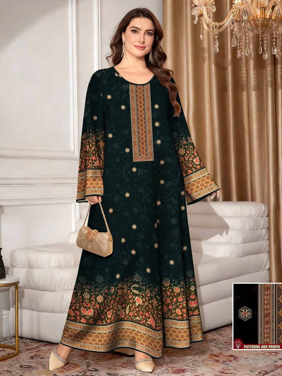 SHEIN Najma 大码女式复古花卉植物印花长袖休闲阿拉伯风格套装，春秋季 - 彩色 - 查看 1