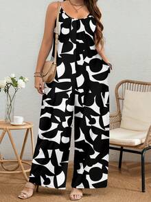EMERY ROSE Plus Size Abstract Black & White Geometric Print Jumpsuit Spring - Multicolor - View 5