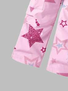 2pcs Girls Idol Group Printed Top & Star Digital Print Cargo Pants Set, Streetwear Casual Comfortable Fashion, Suitable For All Seasons KPOP Witch Hunting Crew Black T-Shirt Teenage Girl Clothes Sets Pants Shirt Y2k Kid Clothes 2 Pc Girls Pants And Tops 11 Years Old Clothes For School Big T Shirt And Pants For Girl