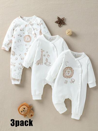 3件套可爱动物印花婴儿男女通用连体衣套装，柔软面料，适合居家、外出、度假、春秋季穿着，适合0-3岁男/女宝宝。中性婴儿服装，男女通用，天然婴儿服装，新生儿针织套装，男宝宝休闲连体衣，婴儿秋季新生儿套装，新生儿中性套装，天然婴儿服装，新生儿中性婴儿服装，男女通用