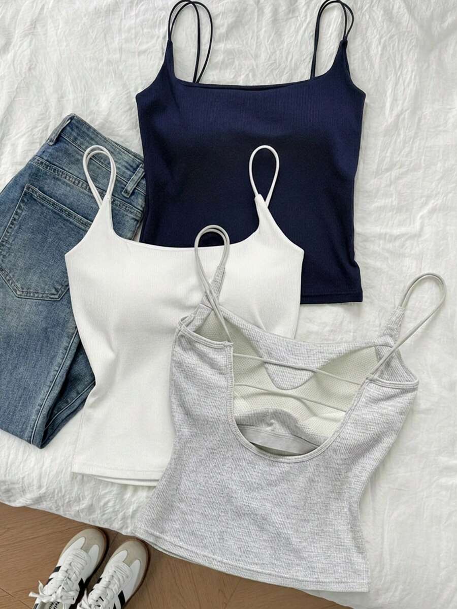 Tseoso Casual Versatile 3 Packs Camisole Tops With Built-In Padded Bra - White, Grey, Royal Blue Ribbed Tank Top Design, Perfect Summer Tops, Suitable For Year-Round Wear. Ideal For Home, Casual Outings, And Sports. Comfortable And Stylish Cami For Layering Or Wearing Alone.,Tank Top - Black - View 1