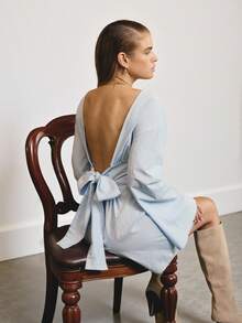 Aralina Lightweight Woven Fabric Round Neck Long Sleeve Elastic Waist Flowy Mini Silhouette Spring Dresses For Women Vacation Dress - Baby Blue - View 6