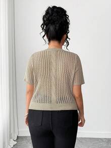 Elenzga Plus Size Khaki Round Neck Semi-Sheer Knit Top,Regular Sleeve Casual Style Knitwear Short Sleeve Black Summer Elegant Rib-Knit Tie Accents - Khaki - View 3