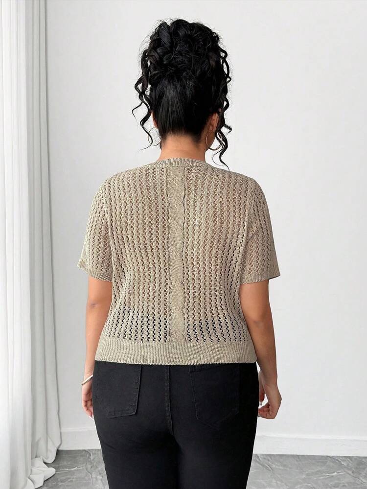 Elenzga Plus Size Khaki Round Neck Semi-Sheer Knit Top,Regular