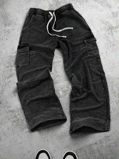 PAVTROS Plus Size Men's Casual Washed Cargo Pants, Drawstring Waist, Black Cargo Jeans, Plus Size Men's Loose Cargo Pants, Loose Fit Cargo Pants, Plus Size Men's Washed Black Cargo Pants, Plus Size Men's Black Cargo Pants, Loose Cargo Casual Pants, Loose Pants, Sweatpants, Joggers, Relaxed,Plus Size Men,I Love My Boyfriend,Washed And Frosted Snowflake Fabric, Men's Workwear-Style Multi-Pocket Sweatpants.