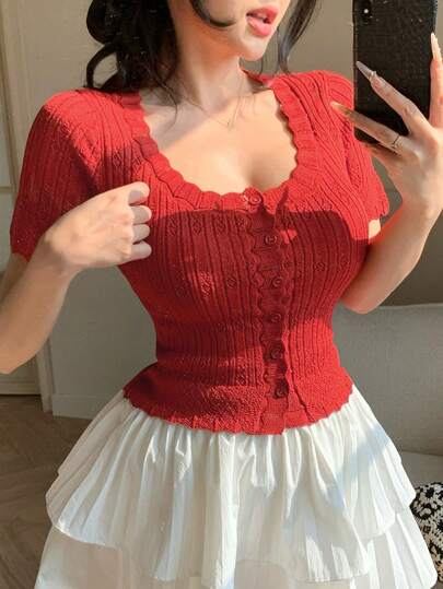 DAZY 女士圆领单排扣短袖修身时尚针织开衫