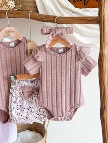 SHEIN Vintaside Kids 3pcs/Set Infant/Toddler Cute Casual Outing Round Neck Ribbed Embroidered Ruffle Sleeve Romper, Pants, Bow Headband Set, Spring/Autumn - Pink - View 4