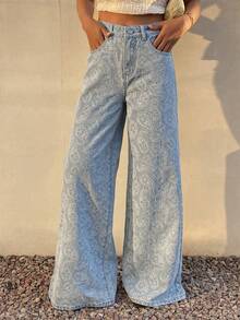 Livesso Quần jeans nữ màu sáng, kiểu dáng thường ngày, họa tiết hoa điều. - Màu xanh nhạt - Xem 4