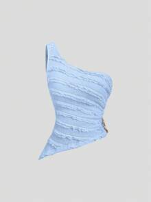 Sweetra Sexy Outfit - Asymmetrical Shoulder Top + Peplum Mini Skirt - Blue - View 3