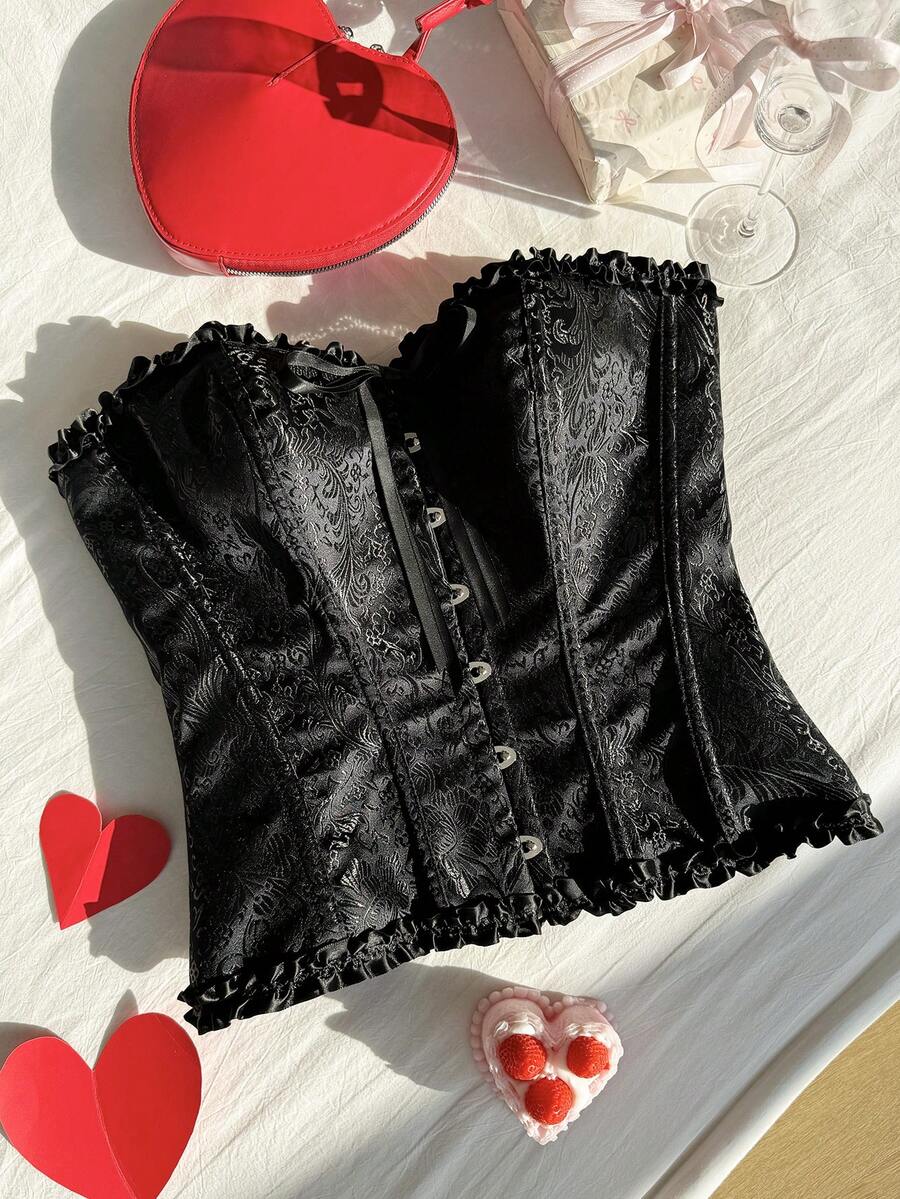 SHEIN EZwear Plus-Size Women's Jacquard Front-Button Ruffle Bow Embellishment Valentine's Day, Date, Fashionable Strapless Fishtail Top - Black - View 1