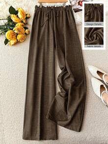 SHEIN PETITE Women's Elegant Casual Brown Floral Lace Bow Tie Waist Slim Fit Wide Leg Pants, Spring/Summer - Brown - View 1