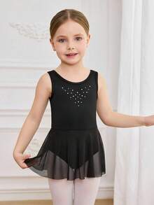 Áo liền quần tập múa ba lê ngoài trời màu trơn bằng vải dệt kim, trang trí ruy băng và đá đính, dáng ôm, co giãn và mềm mại, thích hợp cho bé gái. - màu đen - Xem 4