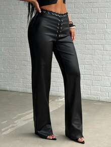 Jeanoix Y2K Women Coated Eyelet Lace-Up Front Straight Leg Loose Pants - Black - View 4