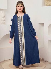 SHEIN 少女纯色拼接条纹方领蝴蝶结装饰长袖宽松A字连衣裙，适合旅行、度假、乡村风、休闲度假、波西米亚风，可与姐妹和女儿搭配穿着。 - 彩色 - 查看 5