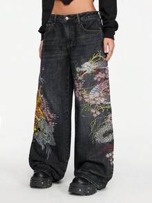 ROMWE Grunge Punk 男女皆宜的复古街头风中国虎纹花卉刺绣宽松阔腿牛仔裤 - 黑色 - 查看 4