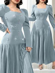 Modelyn 女士水钻装饰褶皱优雅长袖连衣裙 - 藍色 - 查看 1