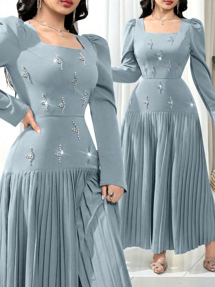 Modelyn 女士水钻装饰褶皱优雅长袖连衣裙 - 藍色 - 查看 1