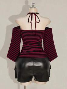 SHEIN ICON 大码女式 Y2K 复古条纹露肩喇叭袖吊带时尚 T 恤，前卫街头风，休闲喇叭袖露肩条纹针织上衣 - 彩色 - 查看 2