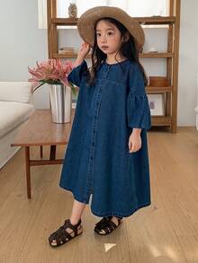 DAZY 女童圆领水洗休闲长袖牛仔连衣裙 - 藍色 - 查看 7