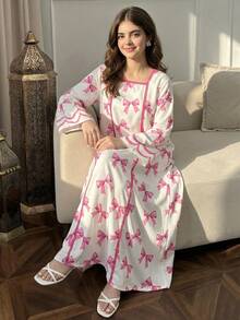 SHEIN 少女蝴蝶结印花方领优雅连衣裙 - 彩色 - 查看 3