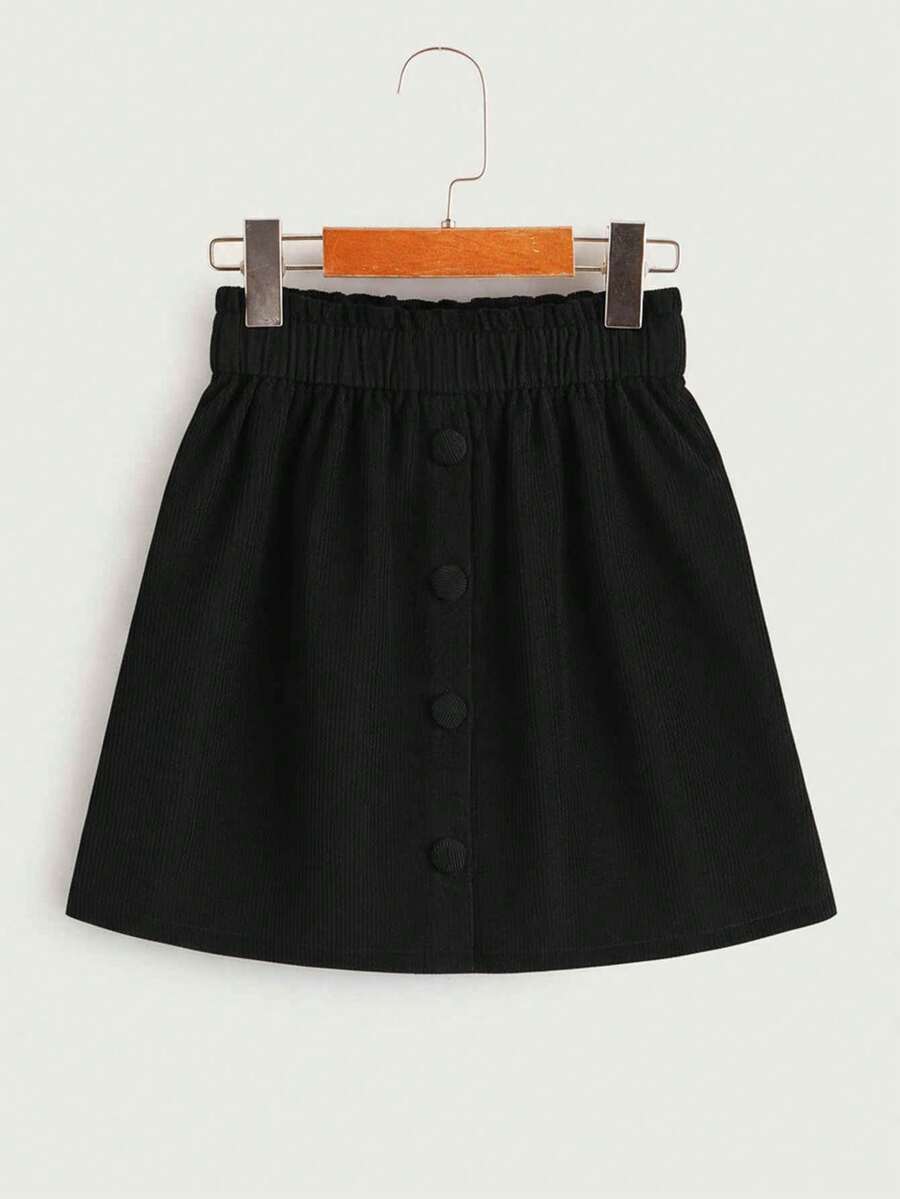 SHEIN 少女纯色单排扣荷叶边腰裙 - 黑色 - 查看 1