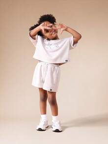 SUMWON Girls Washed Oversized T-Shirt And Shorts Co-Ord Set With Star Print Text Design Summer Casual Outfit Vacation - Black - View 6