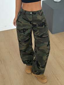 SHEIN PETITE PETITE 夏季和冬季女士街头风 Y2K 派对休闲外出时尚迷彩印花低腰工装牛仔裤 - 中等水洗藍 - 查看 7