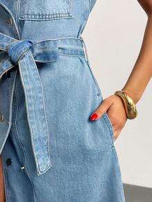 EURMUSE Button Up Front Denim 100%Cotton Dress Daily Wear - Light Wash - View 7