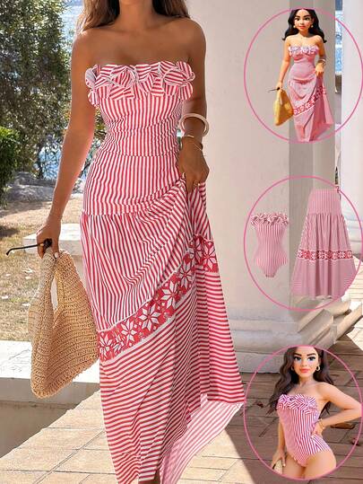 Bonvoyette Floral & Striped Print Bandeau Jumpsuit And Mini Skirt Set