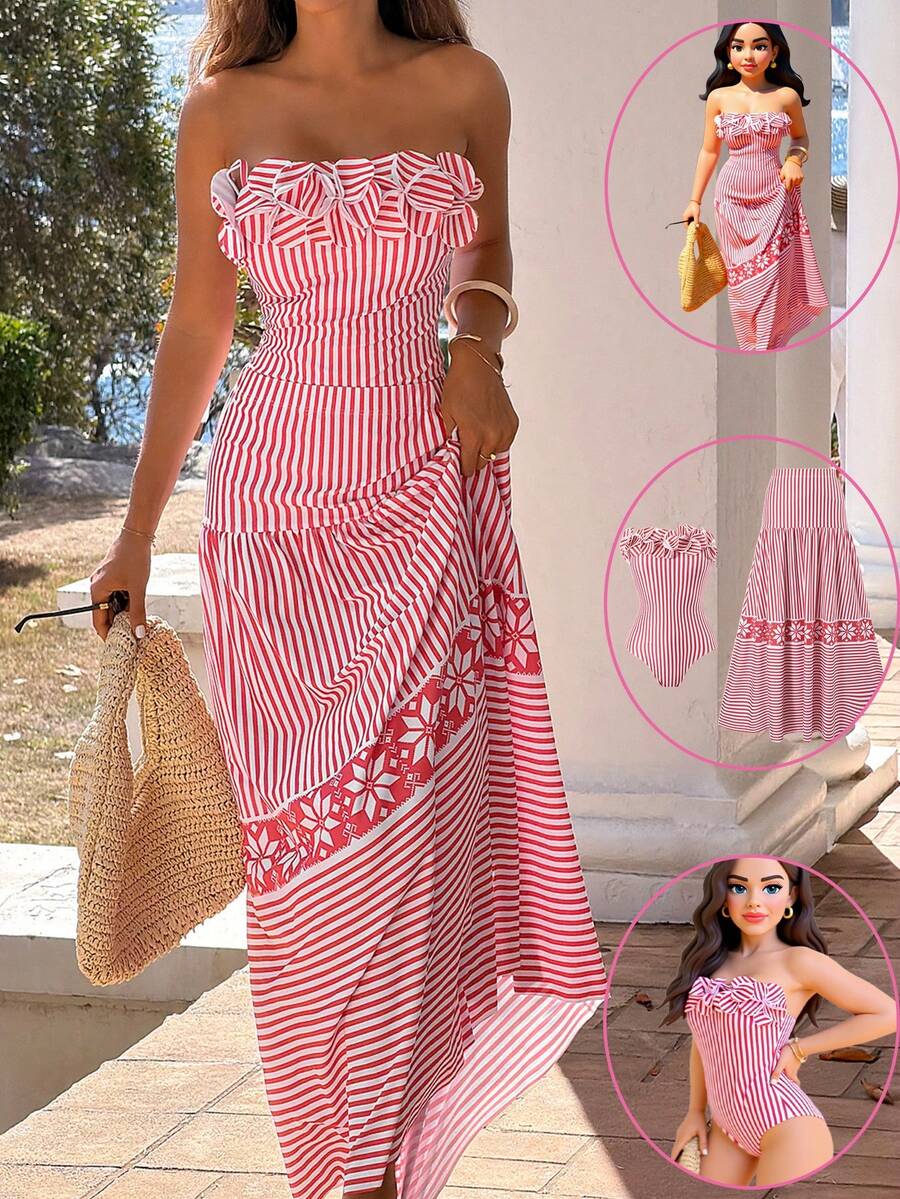 Bonvoyette Floral & Striped Print Bandeau Jumpsuit And Mini Skirt Set - Red - View 1