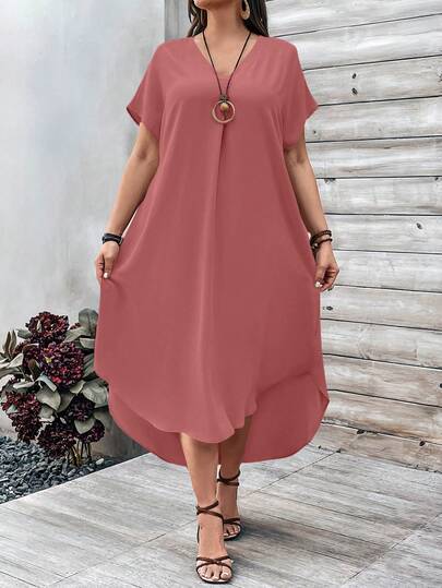 EMERY ROSE Plus Size Women V-Neck Batwing Short Sleeve Straight Loose Casual Dress For Summer/ Vacation