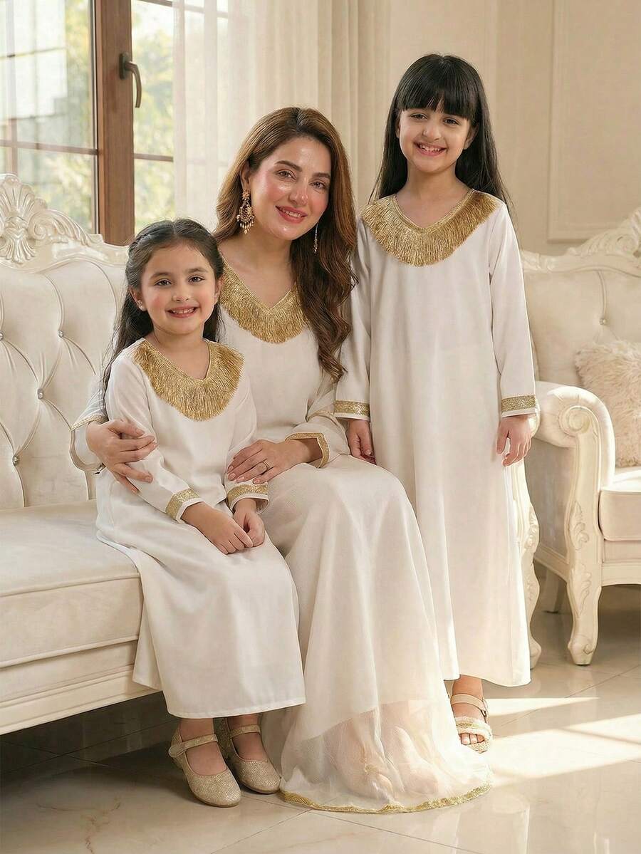 Váy Abaya họa tiết hoa xanh trắng cho bé gái, cổ và tay áo viền hoa xanh, thường ngày, phù hợp cho mùa xuân và mùa hè - Màu be - Xem 1