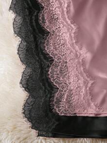 Conjunto de pijama de vestido largo con abertura y parches de encaje sexy para mujer, 2 piezas - Multicolor - Ver 4