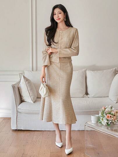 DAZY 两件套春夏时尚浪漫修身上衣和半裙套装，优雅的办公室/通勤装