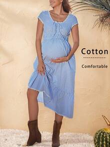 Boho Mama Spring Outfit Women Maternity Casual Daily Soft Dress,Cotton Striped Lace Patchwork Maternity Dress