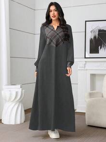 Al Najma Vestido casual suelto de fiesta con cuello en V y patrón de rombos para mujer - Gris - Ver 3